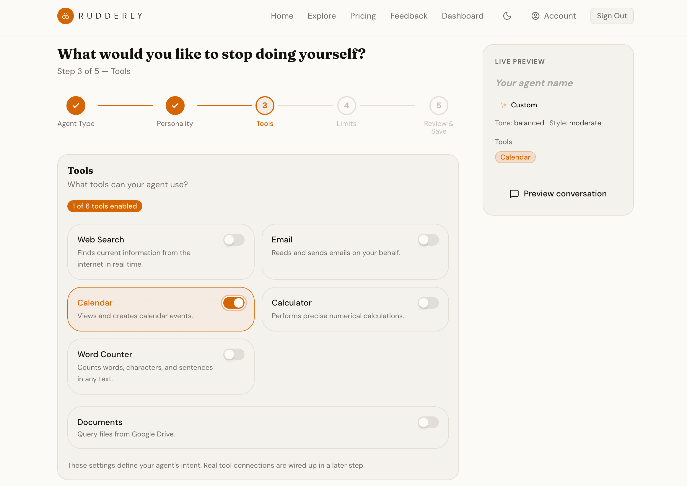 Rudderly agent builder — 5-step visual configuration flow
