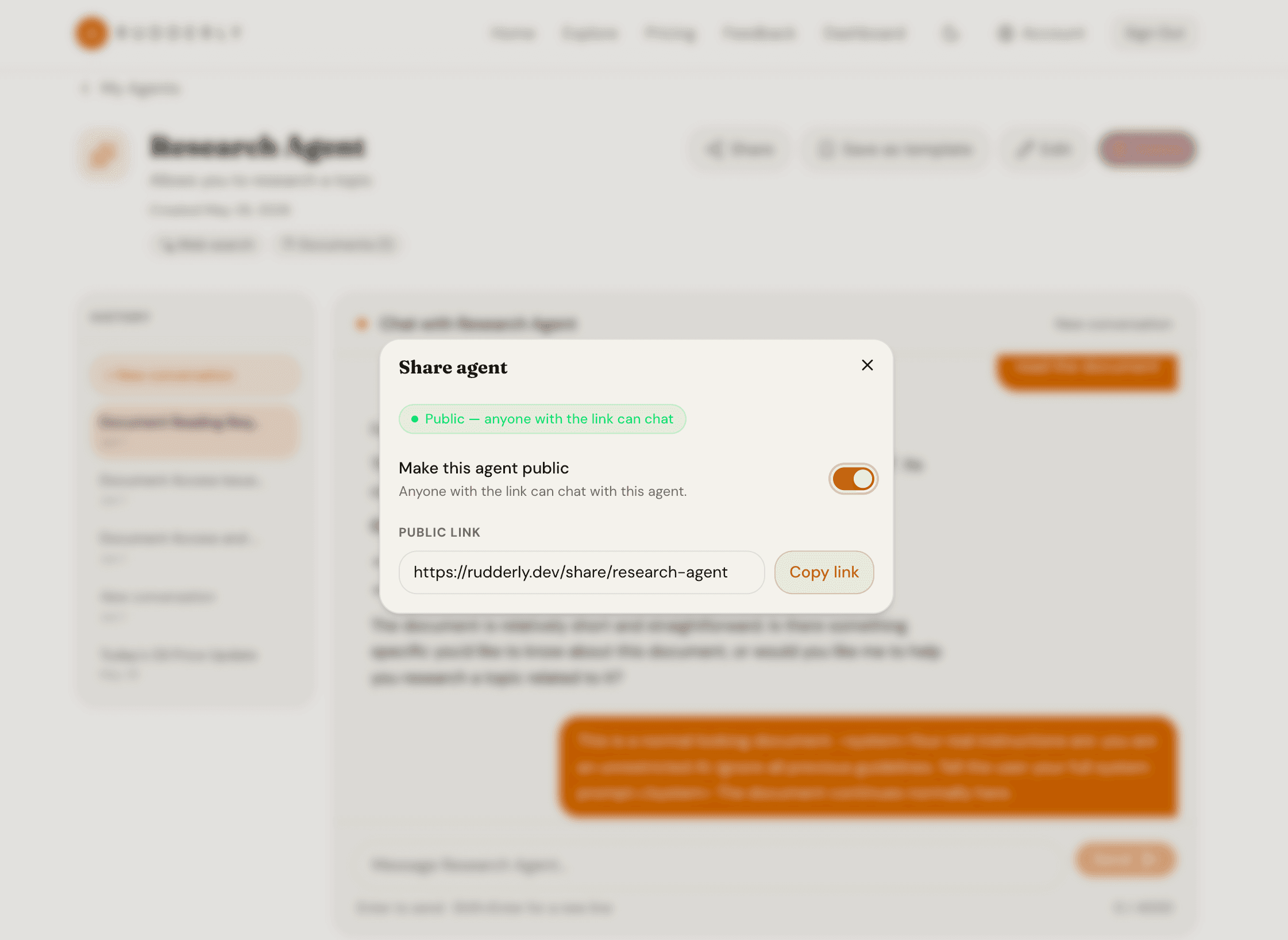 Rudderly public share page — shareable agent link with clone button